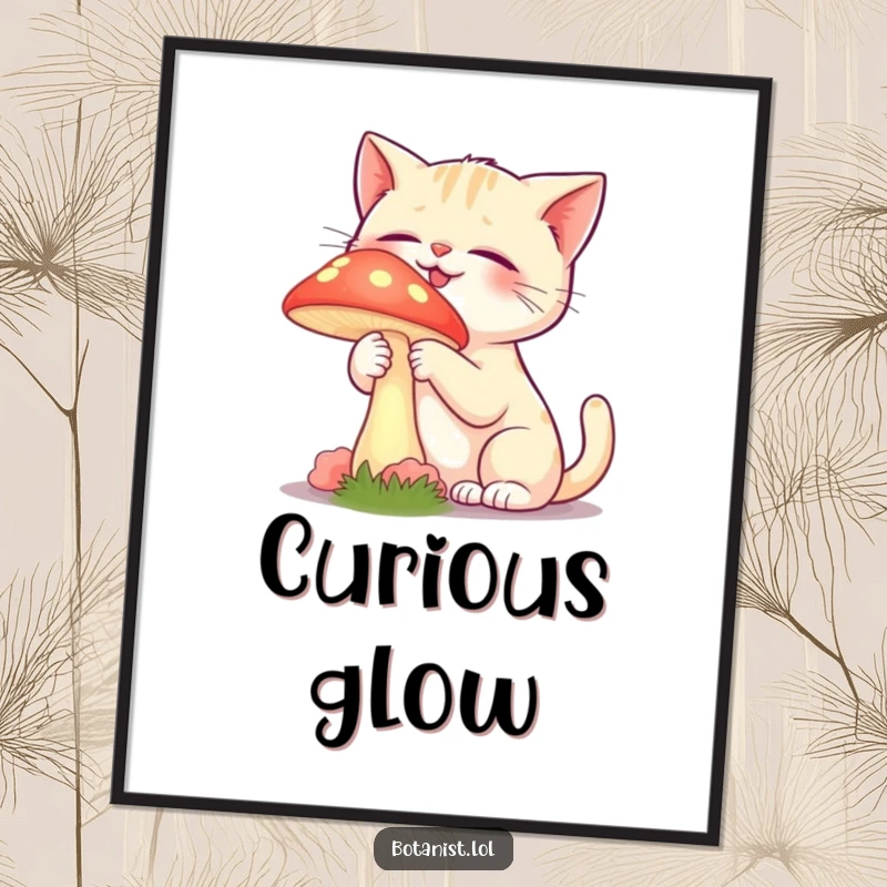 Funny digital art print of a giggling cat gently touching a vibrant, glowing mushroom with curiosity.