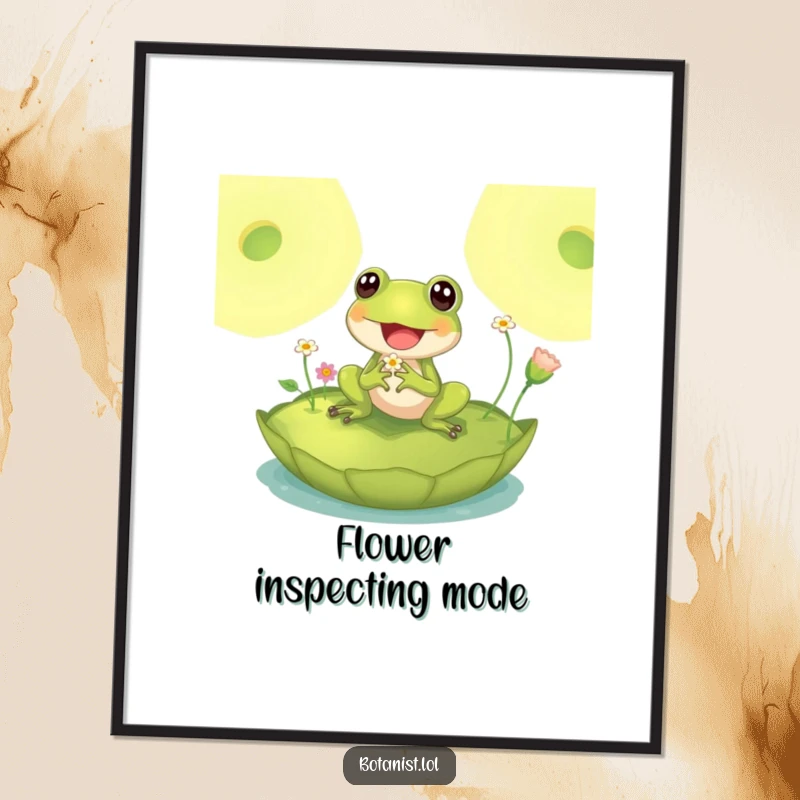 Funny digital art print of a delighted frog on a lily pad inspecting tiny flowers, bringing tranquil pond humor to your decor.