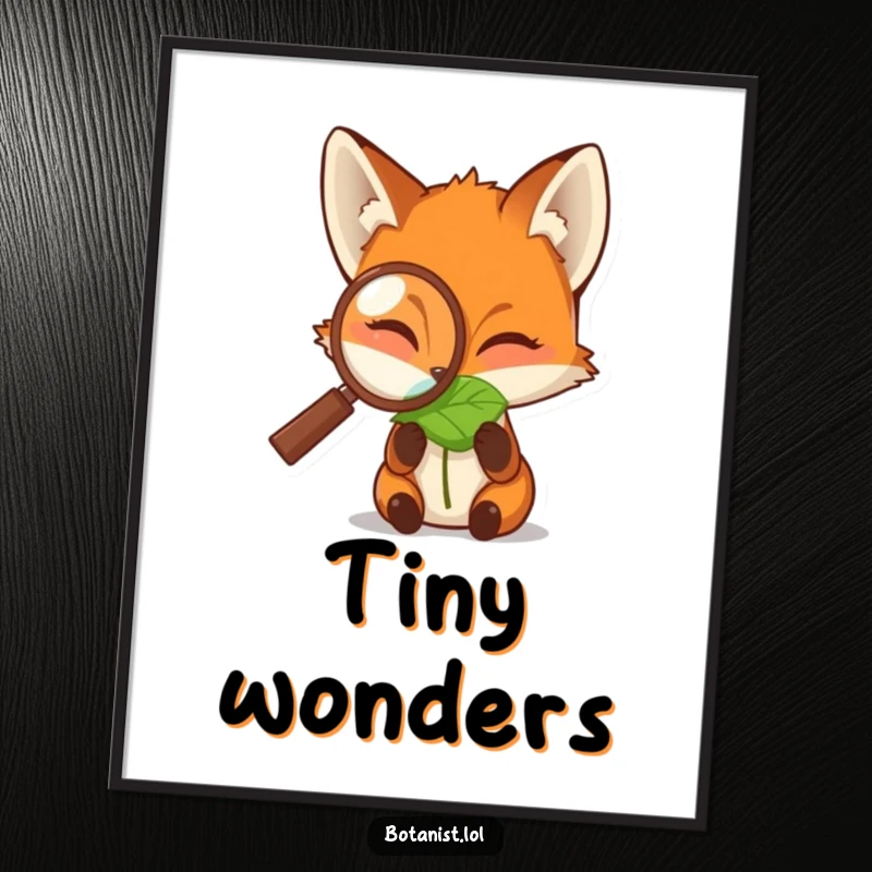 Funny digital art print of a fox peering through a magnifying glass at a dewdropped leaf, highlighting curiosity, nature, and humorous observation.