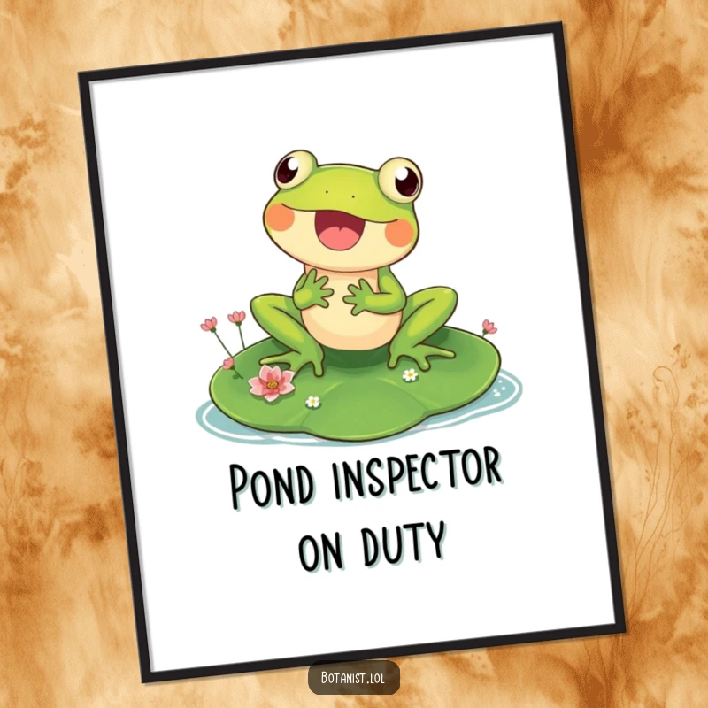 Funny digital art print of a delighted frog on a lily pad, inspecting tiny flowers, perfect for adding pond charm and humor.
