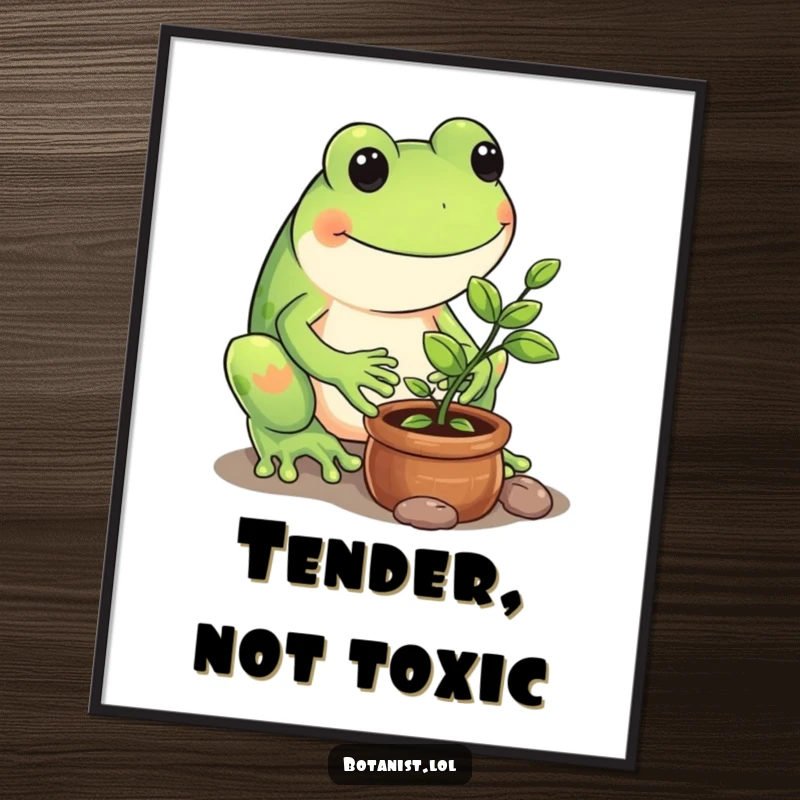 Funny digital art print of a playful frog carefully tending to a tiny potted sapling with a look of gentle concentration.