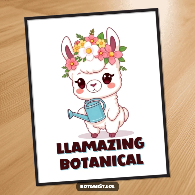 Funny Digital Art Print: A proud llama in a flower crown holds a watering can, a bohemian-inspired piece for any wall.