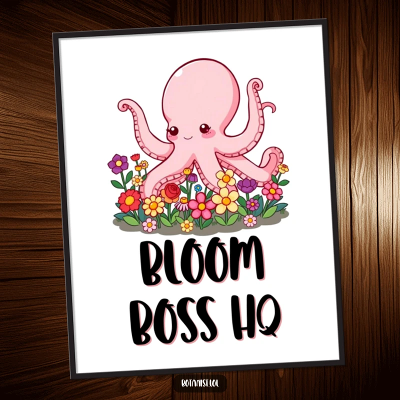 Funny Octopus Digital Art Print of a cheerful octopus with many arms tending a beautiful, colorful garden bursting with vibrant flowers.