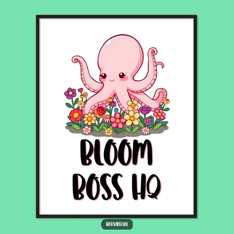 Funny Octopus Digital Art: Garden Helper, Floral Vibrance, Instant Gift