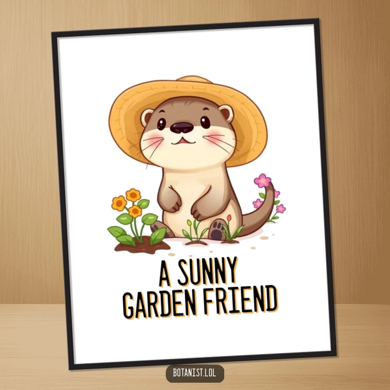 Funny digital art print of a playful otter wearing a sunhat, happily tending a garden with enthusiasm.