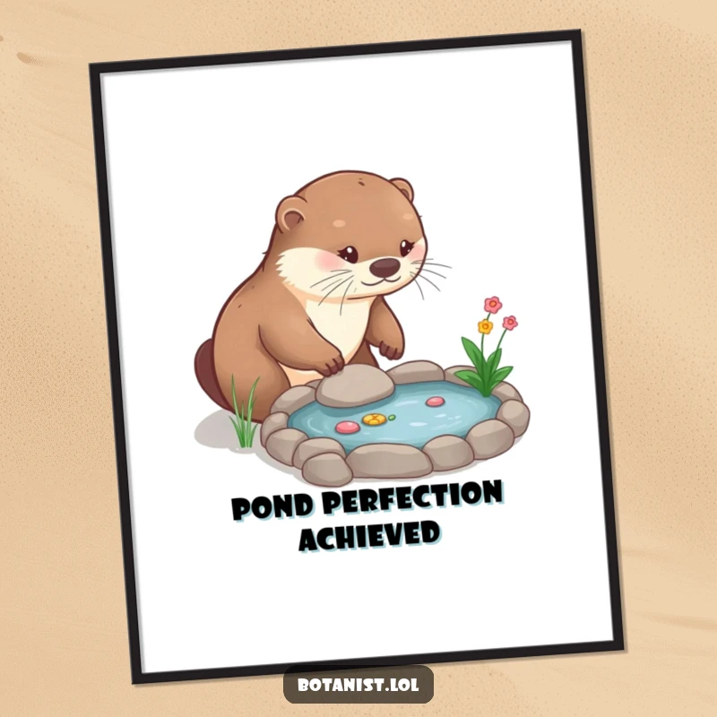 Funny Digital Art Print: A cheerful otter meticulously tends to a miniature garden pond, a whimsical piece for any wall.