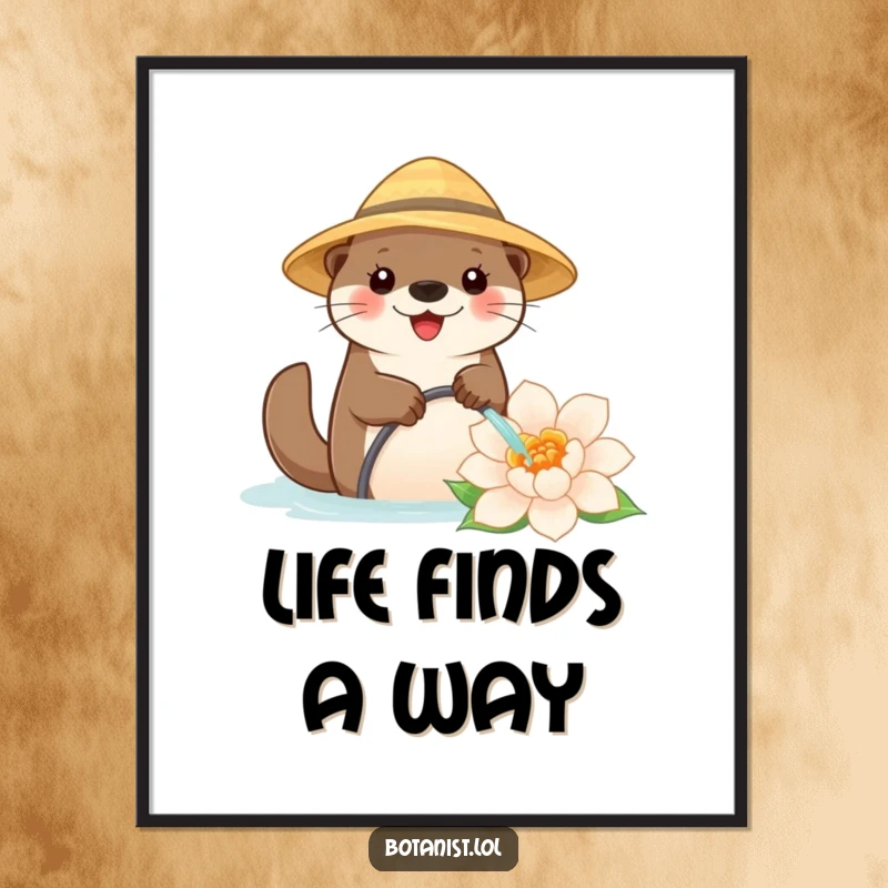 Funny digital art print of a happy otter in a straw hat watering a colossal flower, perfect for instant wall decoration.