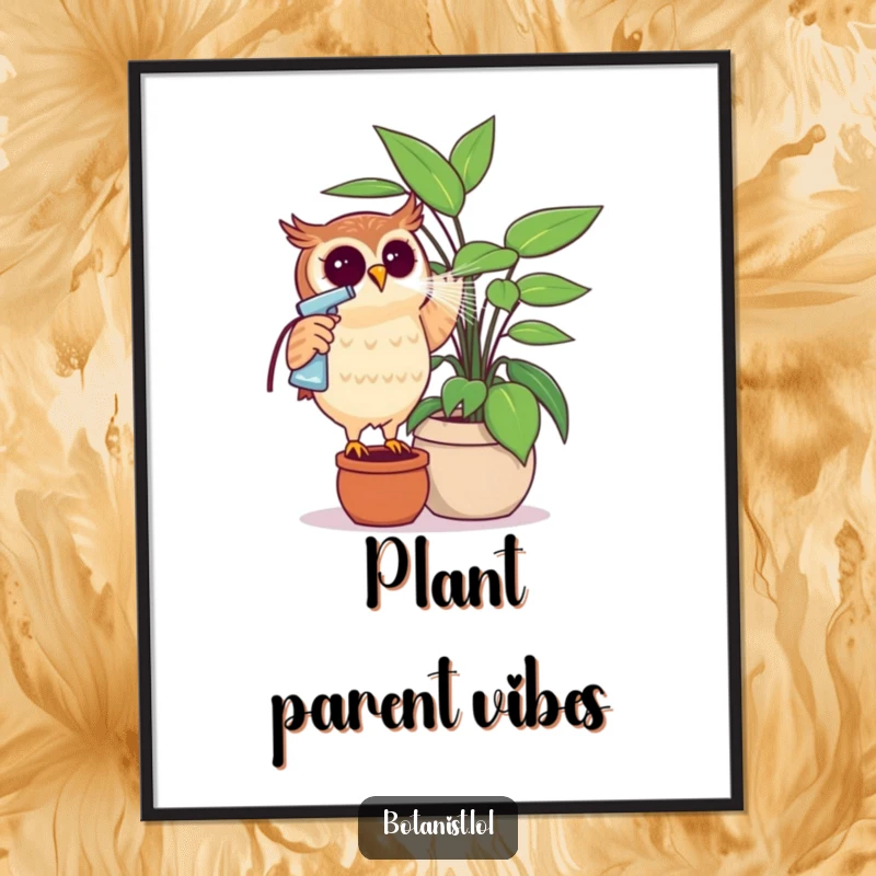 Funny curious owl misting a giant plant, downloadable digital art print, humorous yet charming. A great gift idea.