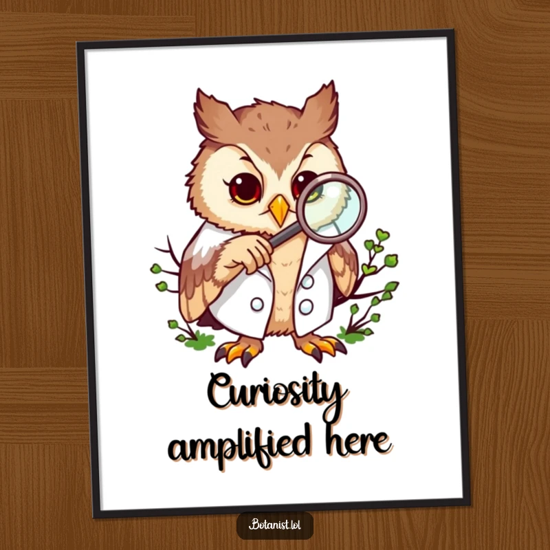 Funny digital art print of a curious owl wearing a lab coat, examining moss with a magnifying glass.