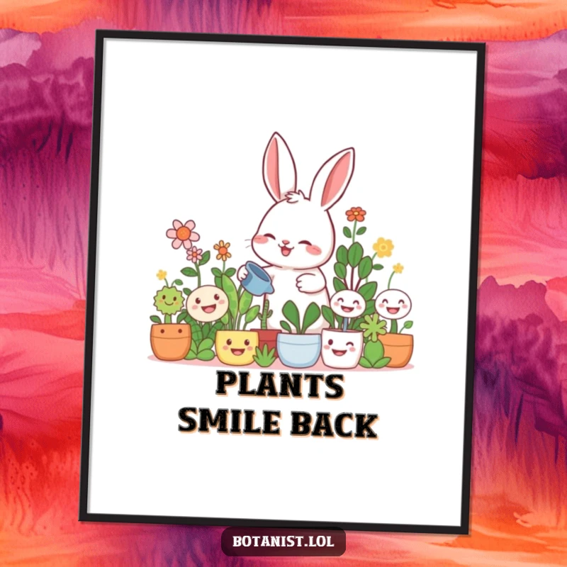Funny rabbit gardener digital art print, a giggling rabbit watering large smiling plants, whimsical garden art.