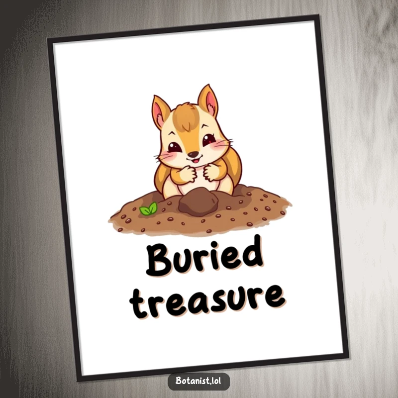 Funny squirrel gardener digital art print showing a curious squirrel in gloves digging enthusiastically in soil.