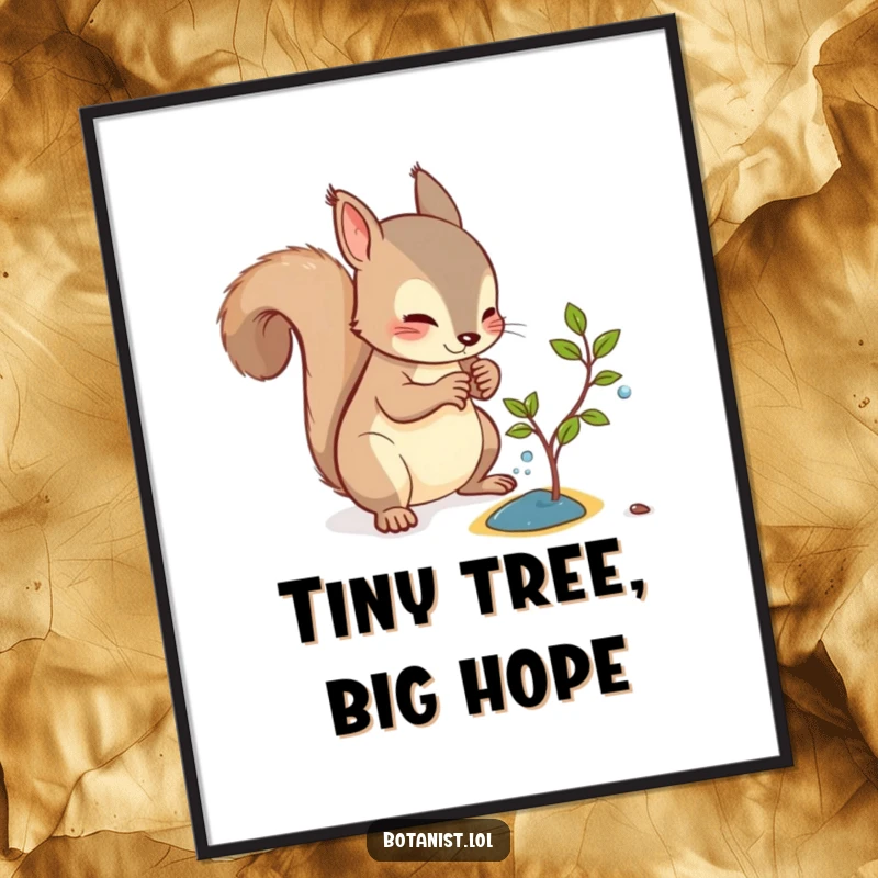 Funny digital art print of a curious squirrel meticulously watering a very small sapling, symbolizing nurturing.