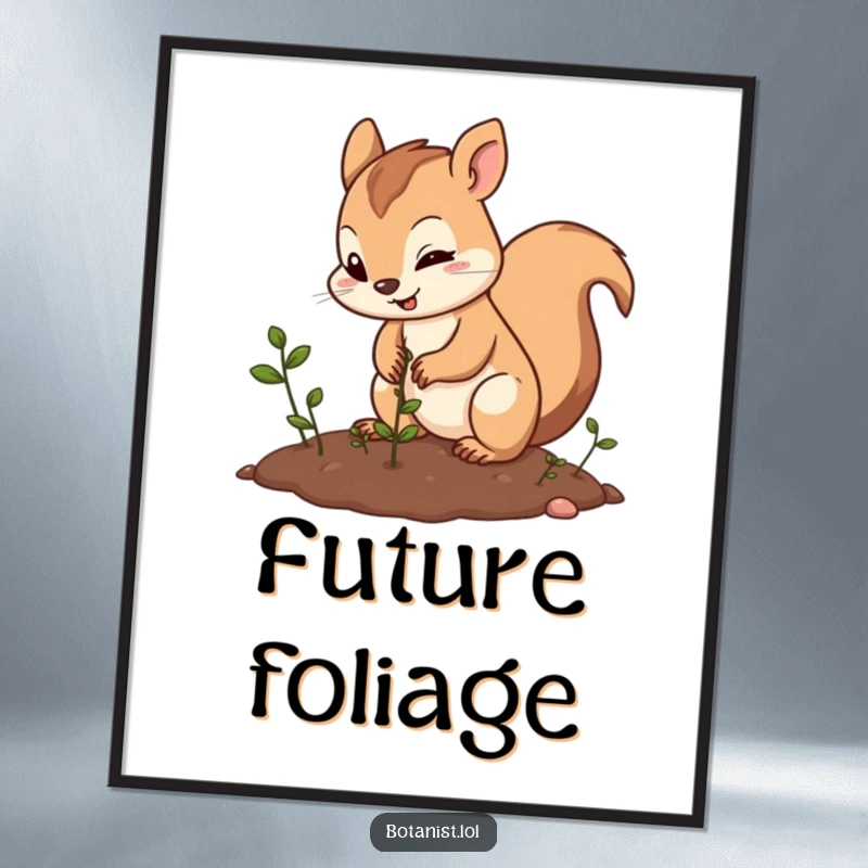 Funny squirrel planting seeds digital art print, showing a cheerful squirrel sowing seeds with enthusiasm, for instant humorous wall decor.