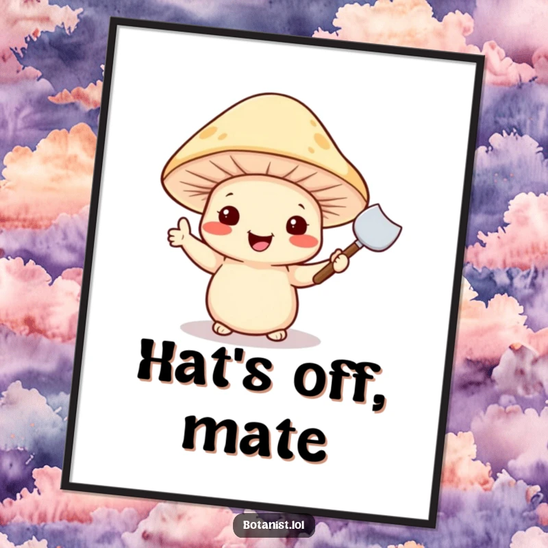 Funny digital art print of a cheerful mushroom wearing a hat and waving a tiny trowel, radiating happiness.