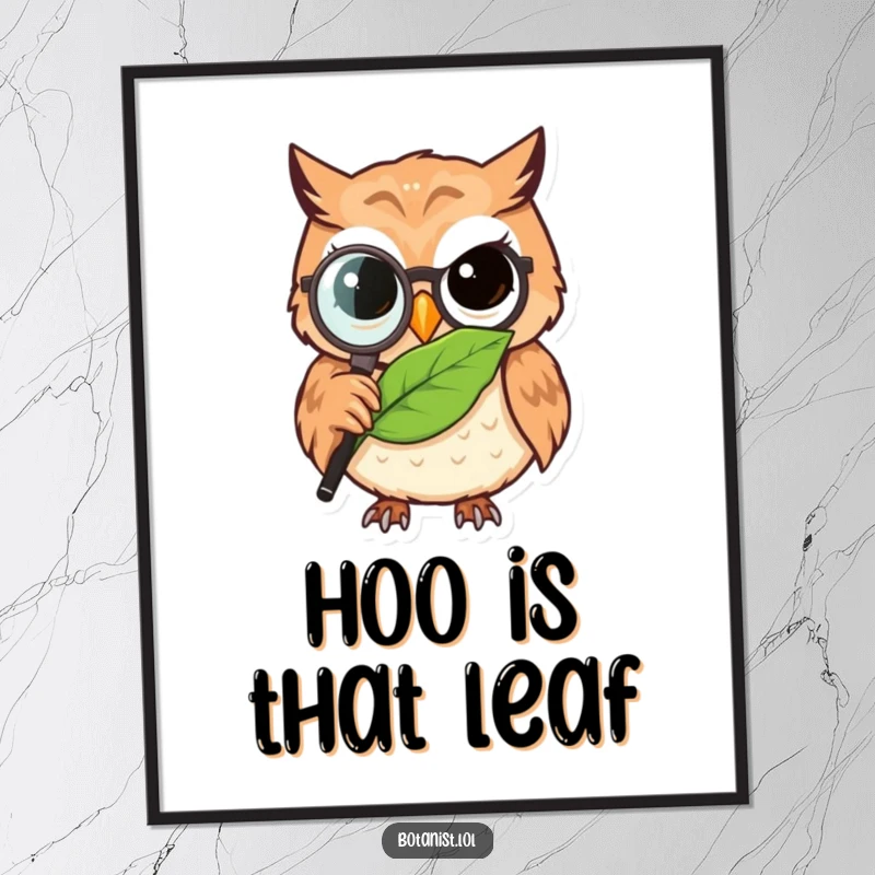 Funny owl detective digital art print, a determined owl with a magnifying glass observing a detailed leaf, sophisticated humor.