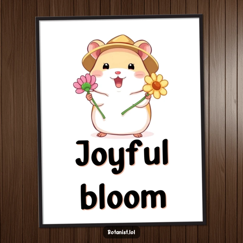 Funny digital art print of a chubby hamster in a straw hat, excitedly presenting a blooming flower, symbolizing joy, growth, and natural beauty.