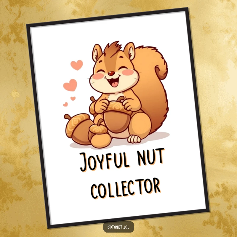 Funny giggling squirrel digital art print, joyfully gathering huge acorns, high-resolution humorous download.
