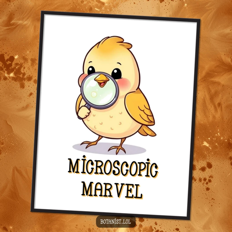 Funny happy bird inspecting a dewdrop with a magnifying glass, downloadable art for a curious, humorous space.