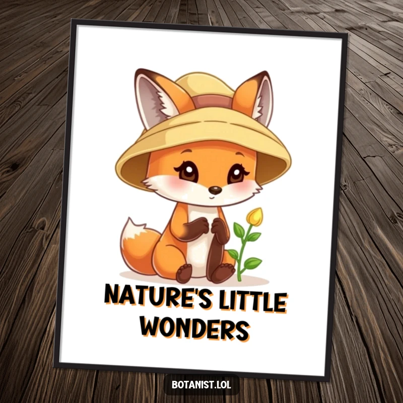 Funny fox sunhat digital art print, curious fox wearing a sunhat examining a tiny sprout with delight.
