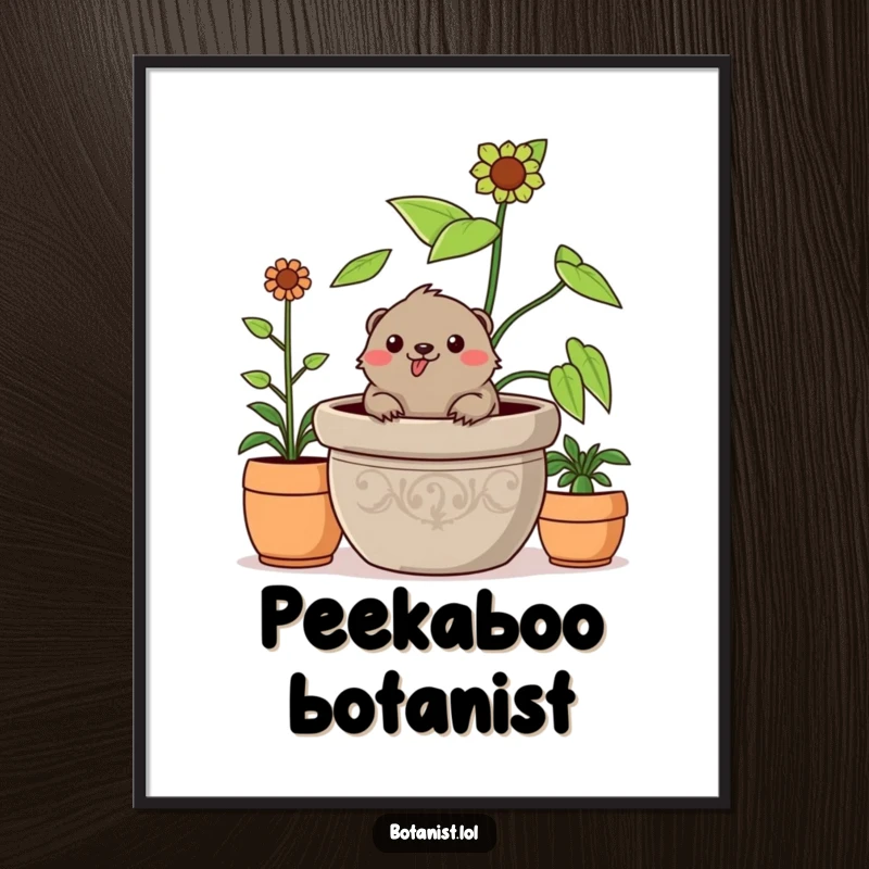 Funny cheerful mole digital art print, popping from a giant plant, high-resolution humorous garden download.