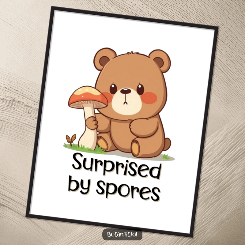 Funny digital art print of a surprised bear with curious eyes, examining a giant mushroom, bringing whimsical forest humor to your decor.