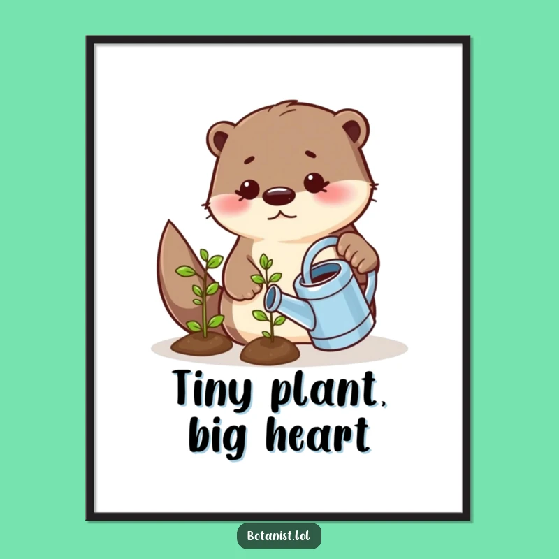 Funny Playful Otter Watering Seedling Digital Art Print - Instant Charming Garden Decor