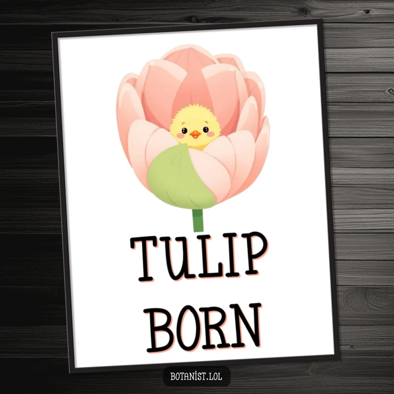 Funny digital art print of a fluffy chick peeking from inside a giant, blooming tulip.
