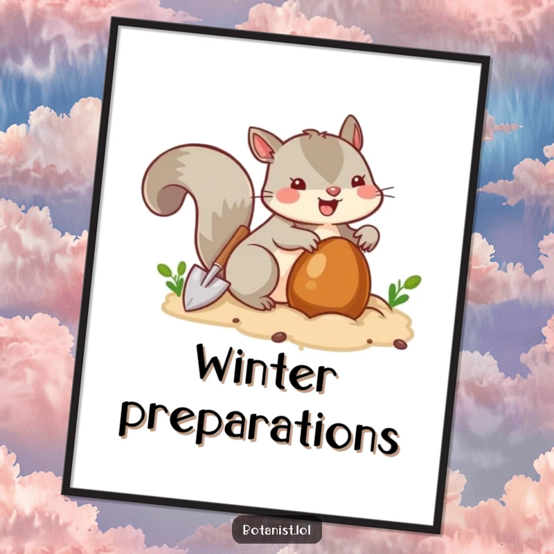 Funny squirrel joyfully burying a nut with a tiny shovel, downloadable art for a busy, humorous space.