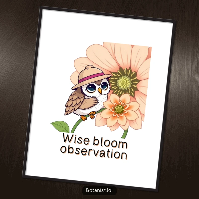 Funny digital art print of a cute owl in a hat examining a big flower, ideal for instant download and a humorous gift.