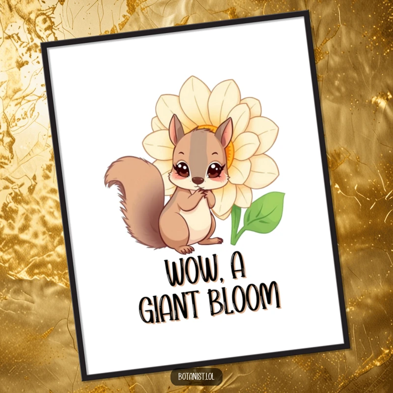 Funny squirrel flower digital art print, a curious squirrel with wide eyes examining a giant blooming flower, whimsical nature art.