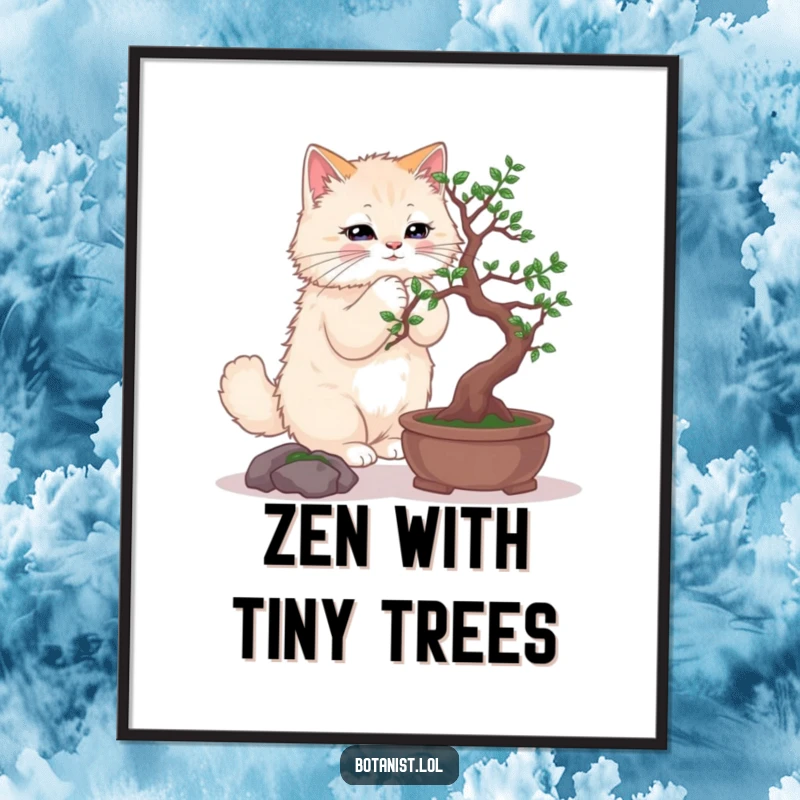 Funny digital art print of a fluffy cat delicately pruning a small bonsai tree, radiating calm focus.