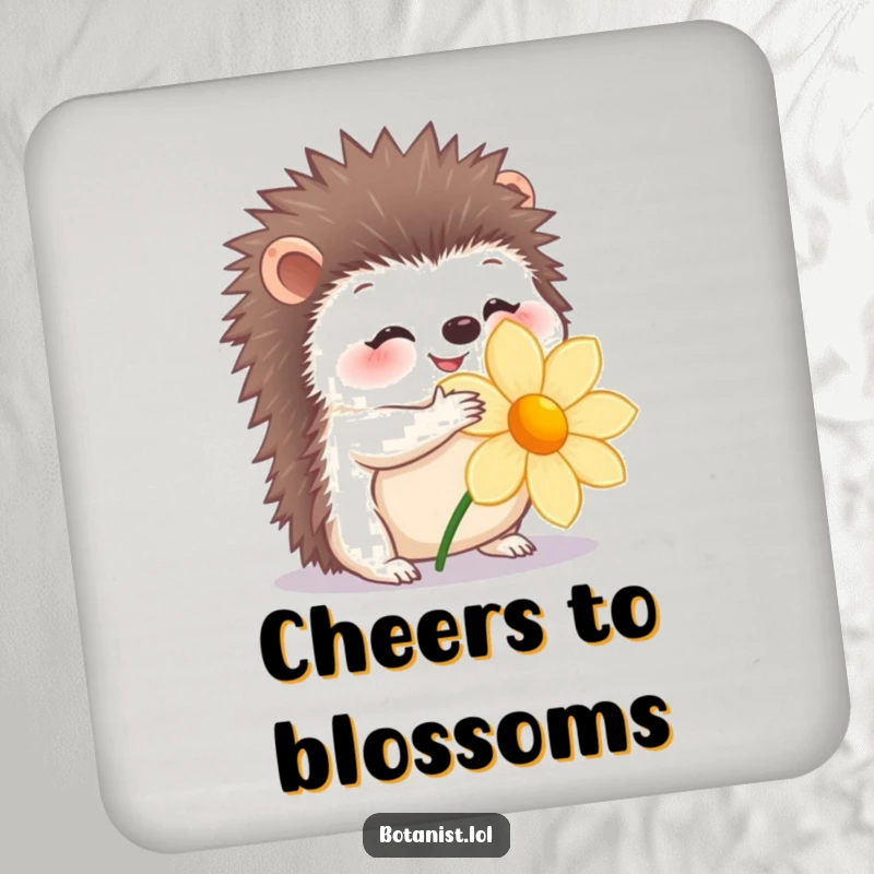 Funny coaster with a happy hedgehog gently hugging a flower, protecting furniture.