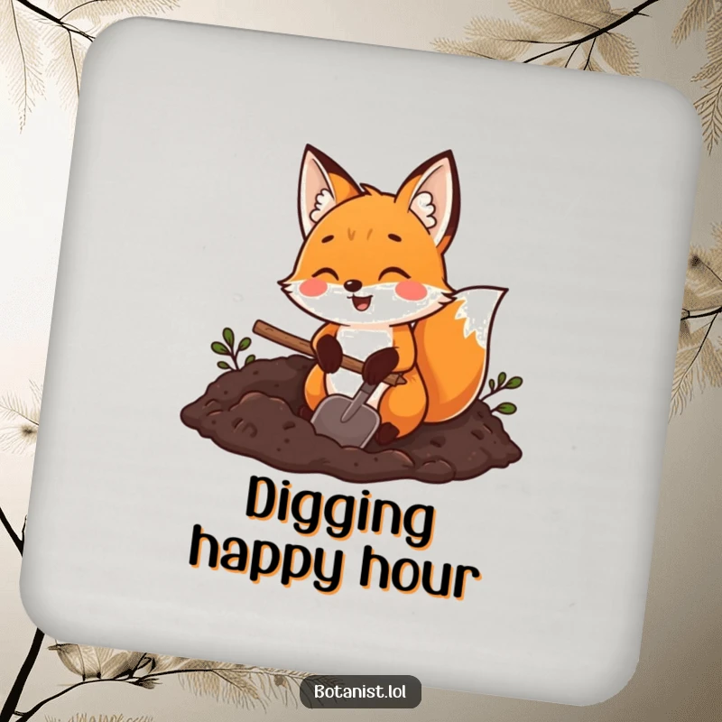 Funny fox gardener coaster, a joyful fox holding a trowel and digging in rich dark soil, protecting surfaces humorously.
