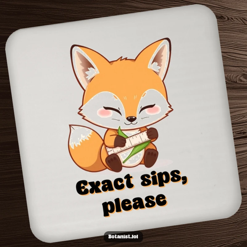 Funny drink coaster with a determined fox character measuring a leaf with a tiny ruler and a focused expression.