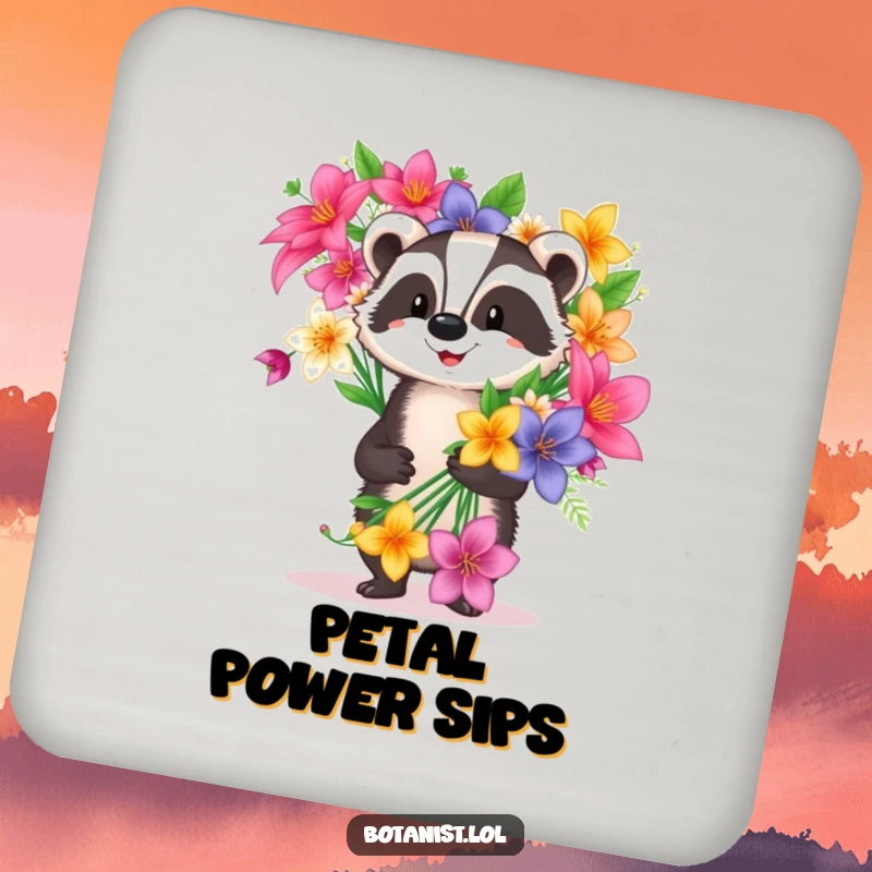 Funny happy badger drink coaster carrying a huge flower bouquet, a humorous and protective accessory.