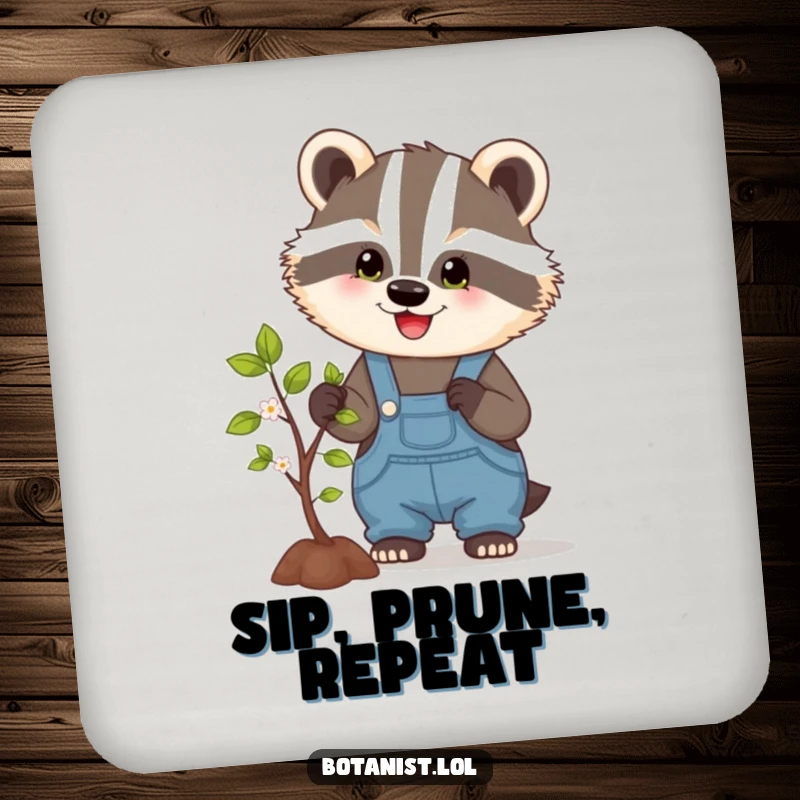 Funny drink coaster featuring a happy badger in overalls, pruning a tree, adding a touch of garden humor and protection.