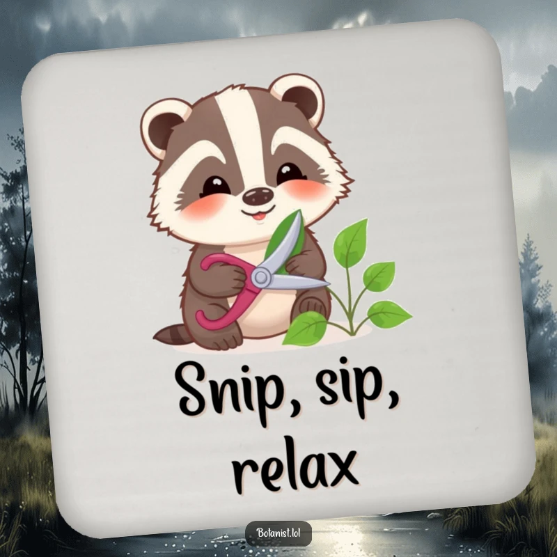 Funny badger with small shears pruning a leaf, a decorative and protective drink coaster.