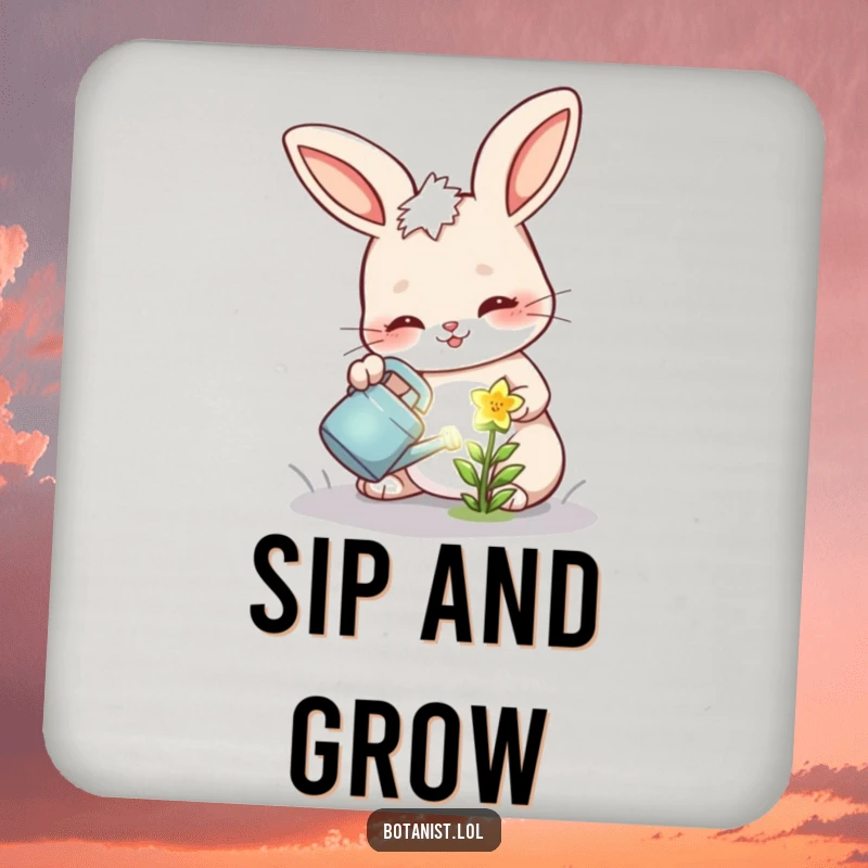 Funny coaster with a cheerful bunny determinedly watering a tiny, glowing flower, adding a touch of magic.