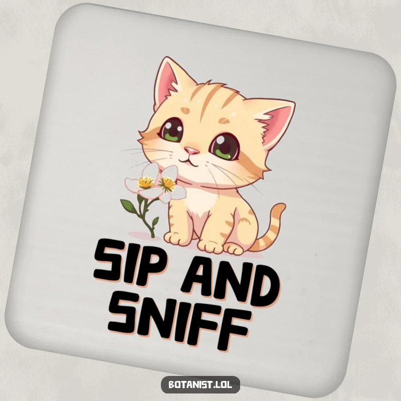 Funny drink coaster with a curious cat sniffing a dewy blossom, eyes wide with pure delight.