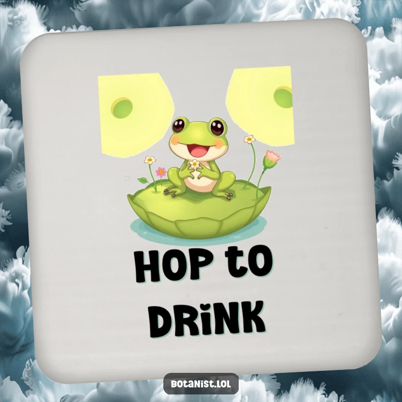 Funny drink coaster featuring a delighted frog on a lily pad inspecting tiny flowers, offering protection with charming pondside humor.