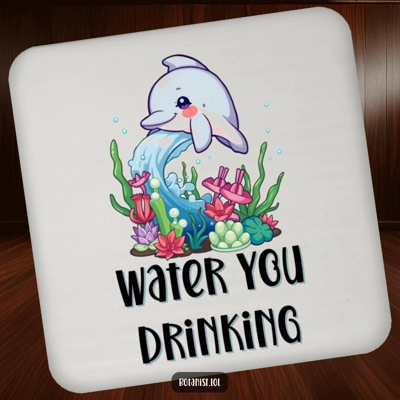 Funny Dolphin Coaster with a design of a playful dolphin splashing water onto aquatic plants, protecting surfaces with oceanic flair.