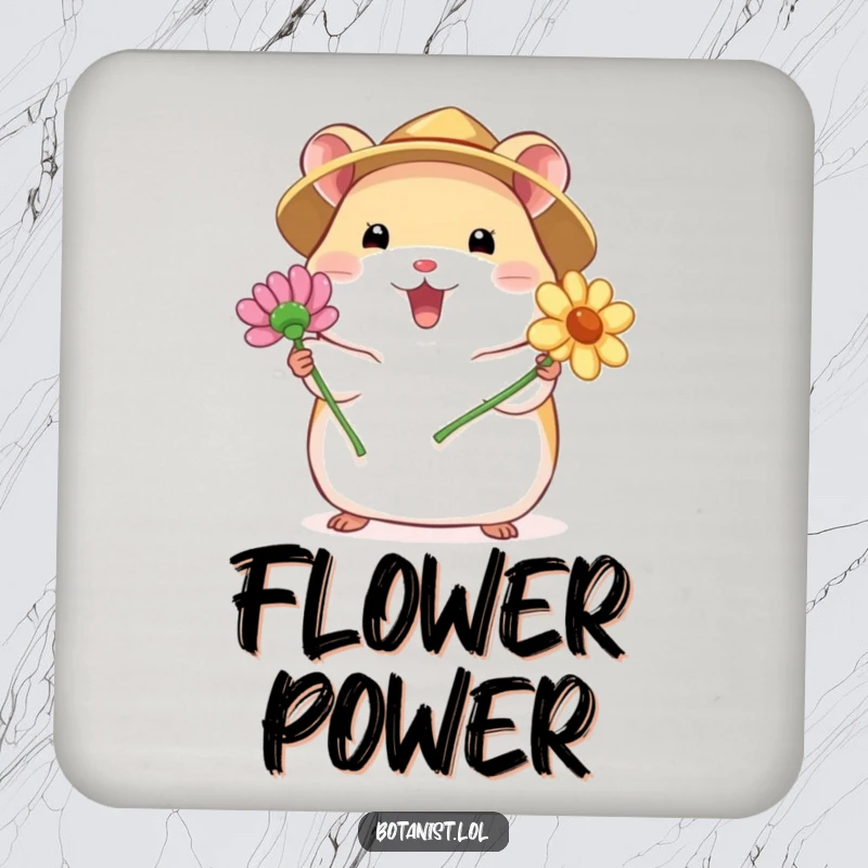 Funny coaster featuring a chubby hamster in a straw hat, excitedly presenting a blooming flower, adding cheerful humor to drink placement.