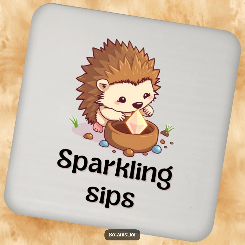 Funny hedgehog coaster depicting a determined hedgehog digging in a pot to unearth a sparkling gem, protecting surfaces with humor.