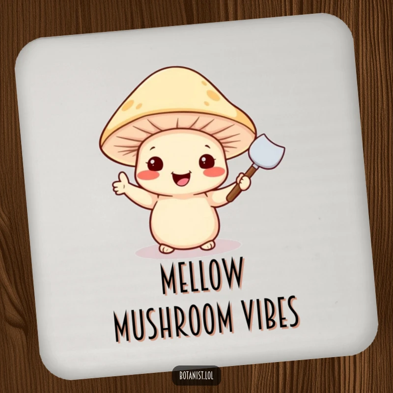 Funny drink coaster featuring a cheerful mushroom wearing a hat and holding a tiny trowel.