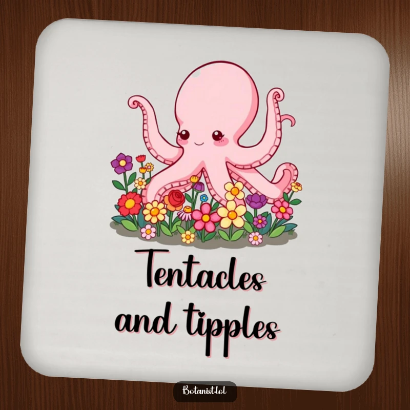 Funny Octopus Coaster with a design of a multi-armed octopus gently tending a beautiful garden filled with colorful, blooming flowers.