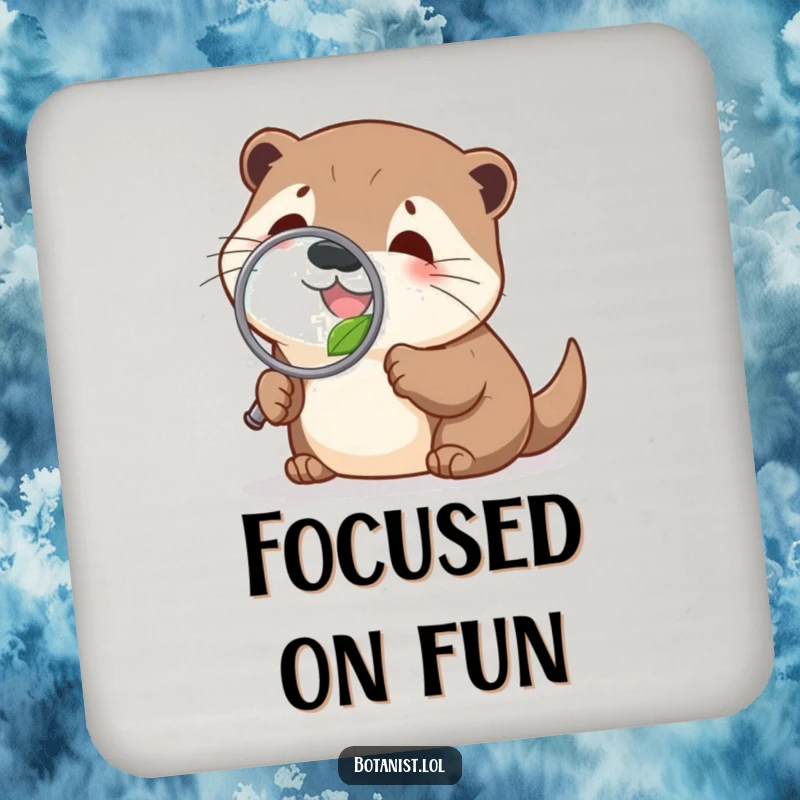Funny delighted otter drink coaster, examining a tiny leaf with a magnifying glass, a humorous and protective accessory.