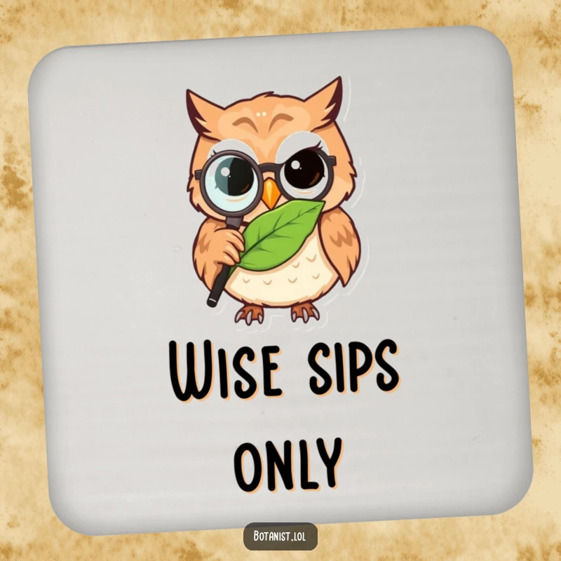 Funny owl detective coaster, a determined owl using a magnifying glass to observe a detailed leaf, protecting surfaces humorously.