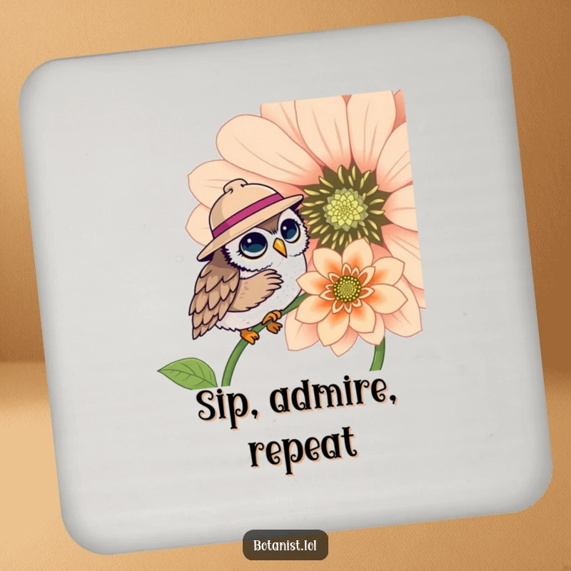 Funny drink coasters featuring a cute owl in a hat observing a large flower, protecting tables with charm, a funny gift set.
