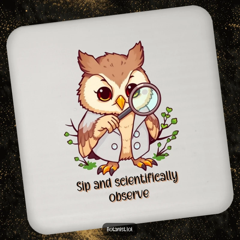Funny drink coaster with a curious owl wearing a lab coat, examining moss with a magnifying glass.
