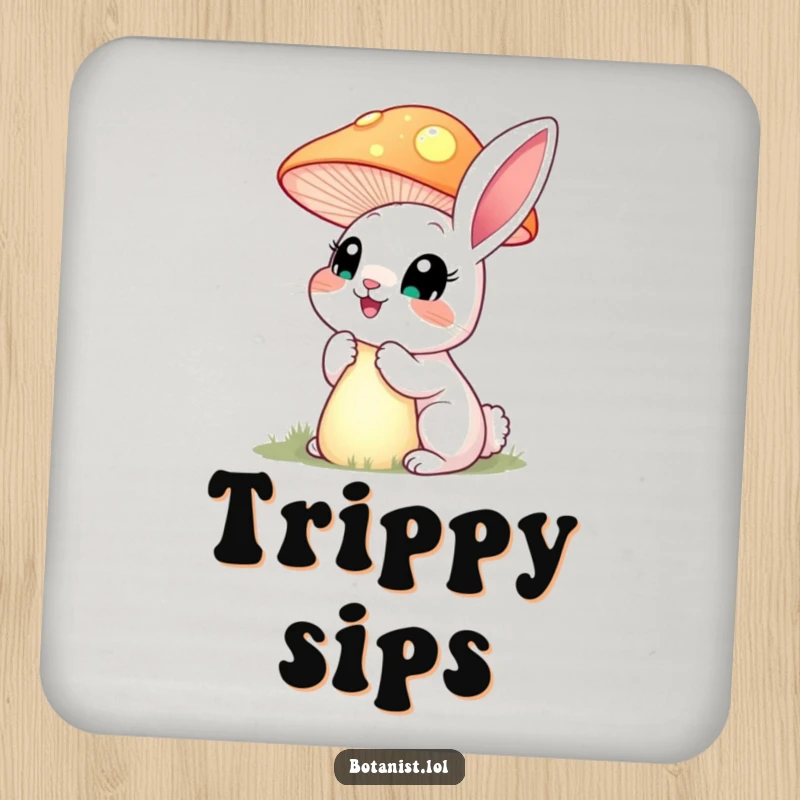 Funny happy rabbit with wide eyes, inspecting a giant, glowing mushroom, featured on a protective and humorous coaster.